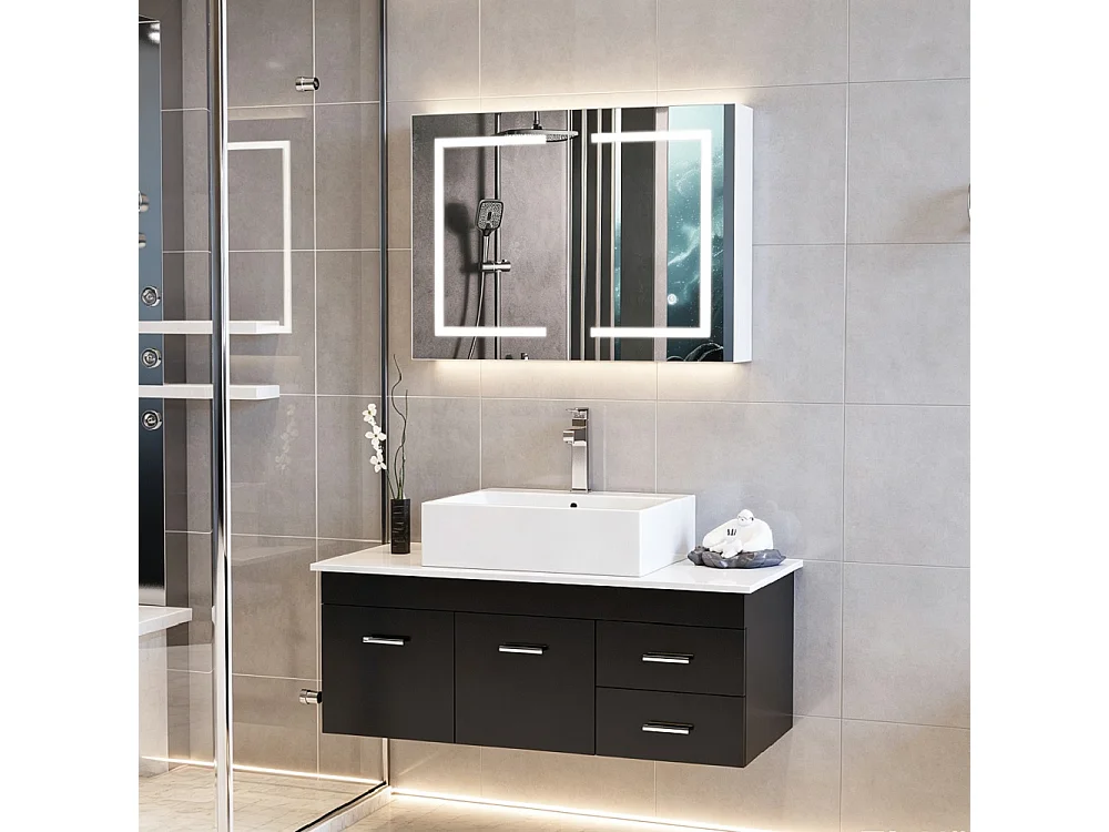 Armoire de miroir de salle de bain - 80 x 60 x 13,5 cm - Boîte à miroir intelligente à deux portes - Armoires de salle de bain anti-brouillard à LED - Miroir de dre