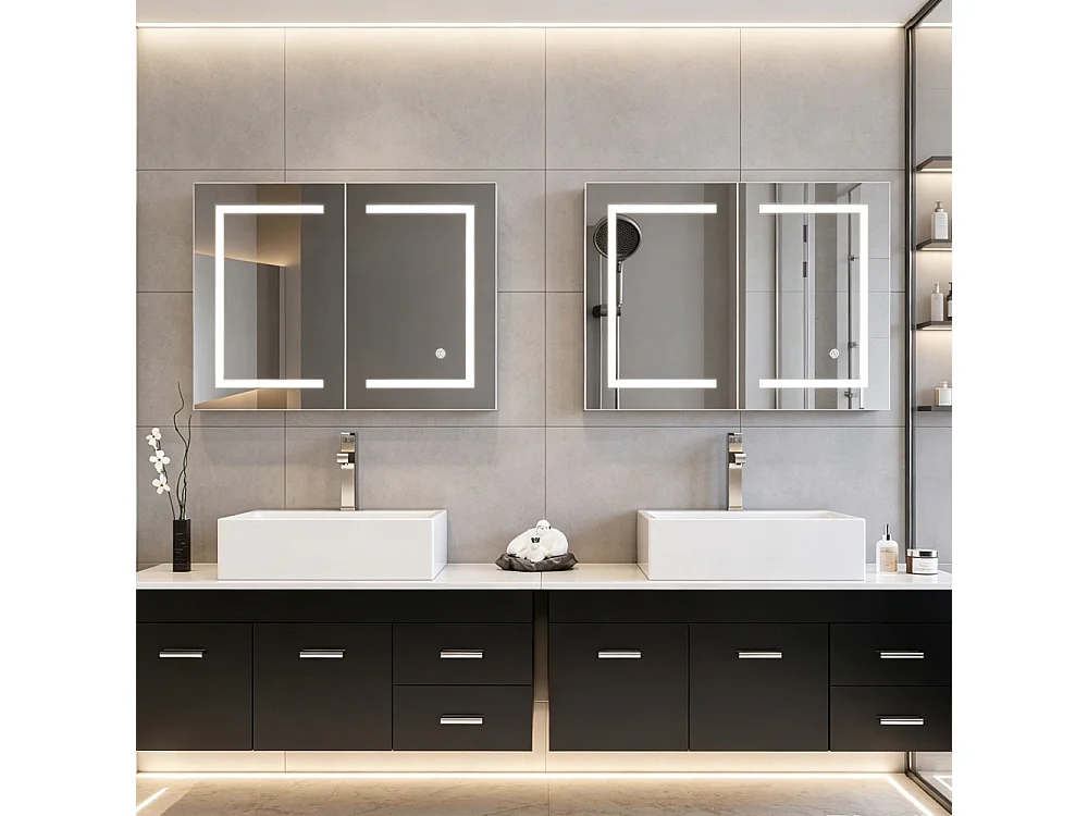 Armoire de miroir de salle de bain - 80 x 60 x 13,5 cm - Boîte à miroir intelligente à deux portes - Armoires de salle de bain anti-brouillard à LED - Miroir de dre