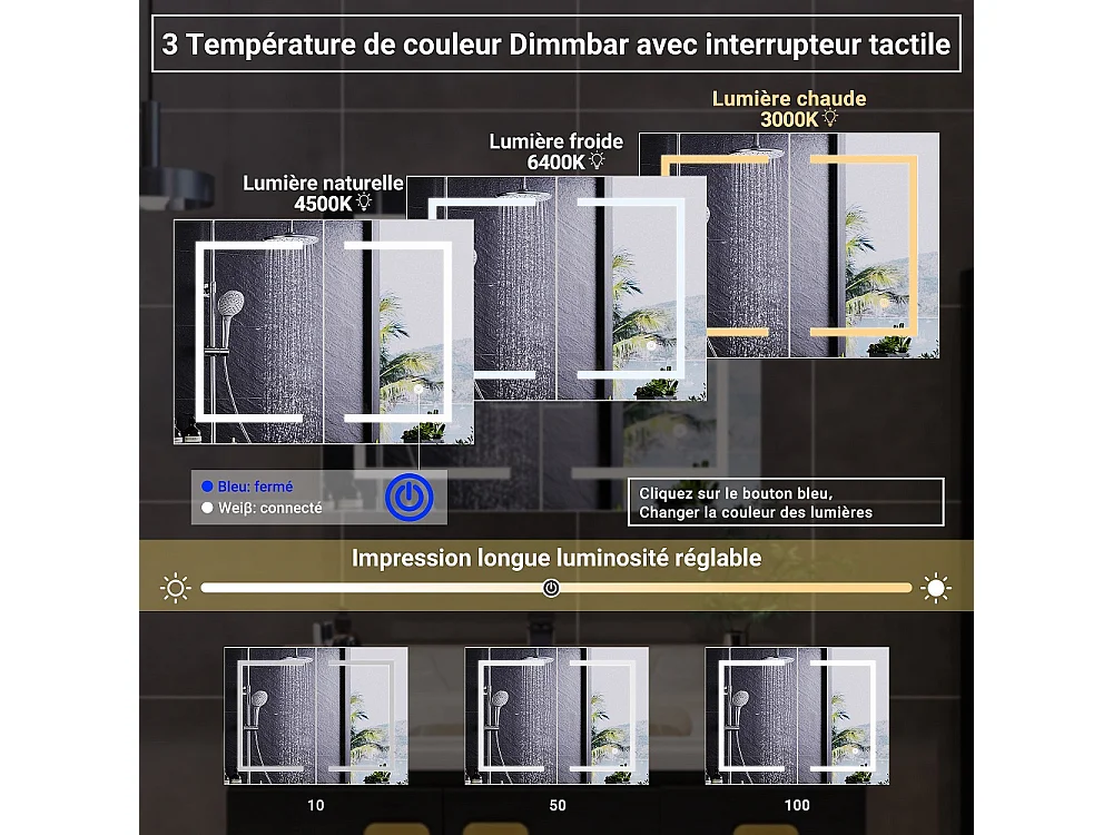 Armoire de miroir de salle de bain - 80 x 60 x 13,5 cm - Boîte à miroir intelligente à deux portes - Armoires de salle de bain anti-brouillard à LED - Miroir de dre