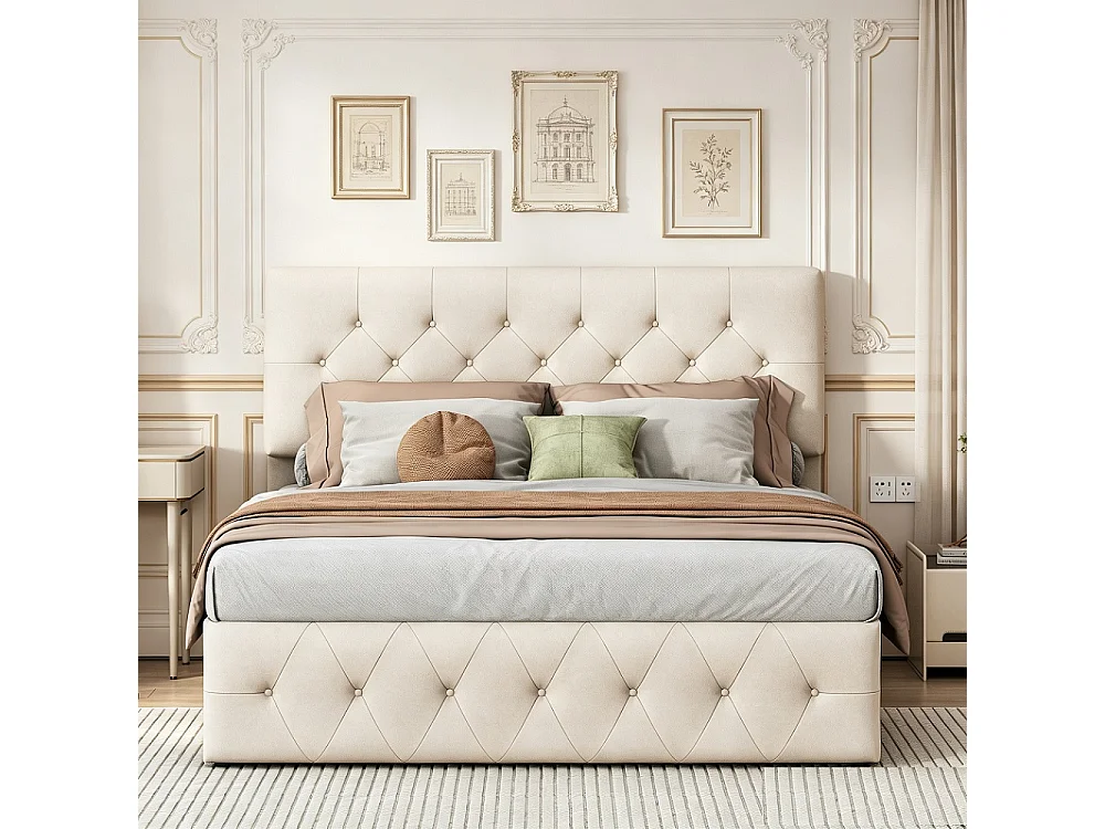 Lit de rangement hydraulique 140 x 200 cm - Lit rembourré tufted avec tête réglable - Lit double avec cadre à lames - Velvet - Beige