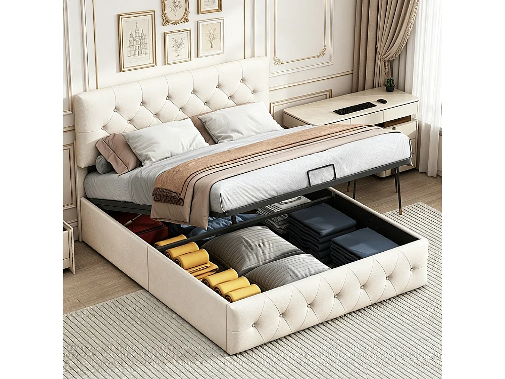 Lit de rangement hydraulique 140 x 200 cm - Lit rembourré tufted avec tête réglable - Lit double avec cadre à lames - Velvet - Beige
