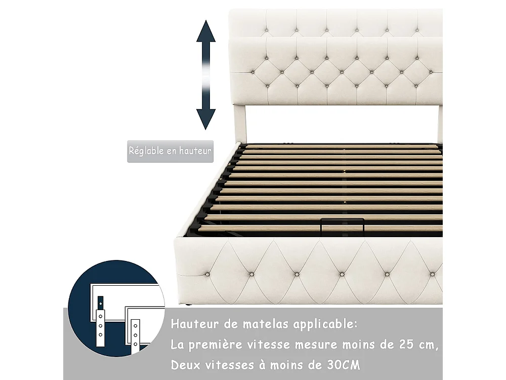Lit de rangement hydraulique 140 x 200 cm - Lit rembourré tufted avec tête réglable - Lit double avec cadre à lames - Velvet - Beige