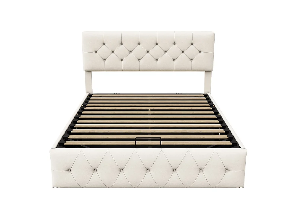 Lit de rangement hydraulique 140 x 200 cm - Lit rembourré tufted avec tête réglable - Lit double avec cadre à lames - Velvet - Beige