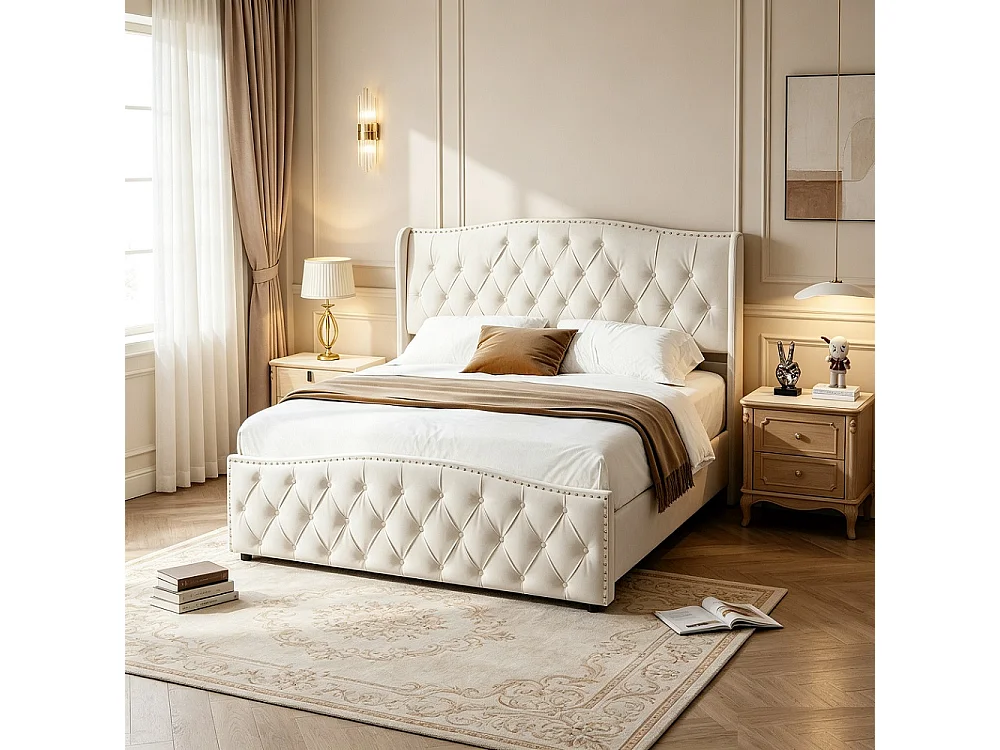 Lit rembourré 140 x 190 cm - Lit de rangement hydraulique avec cadre à lames - Lit double avec tête - Velvet - Beige