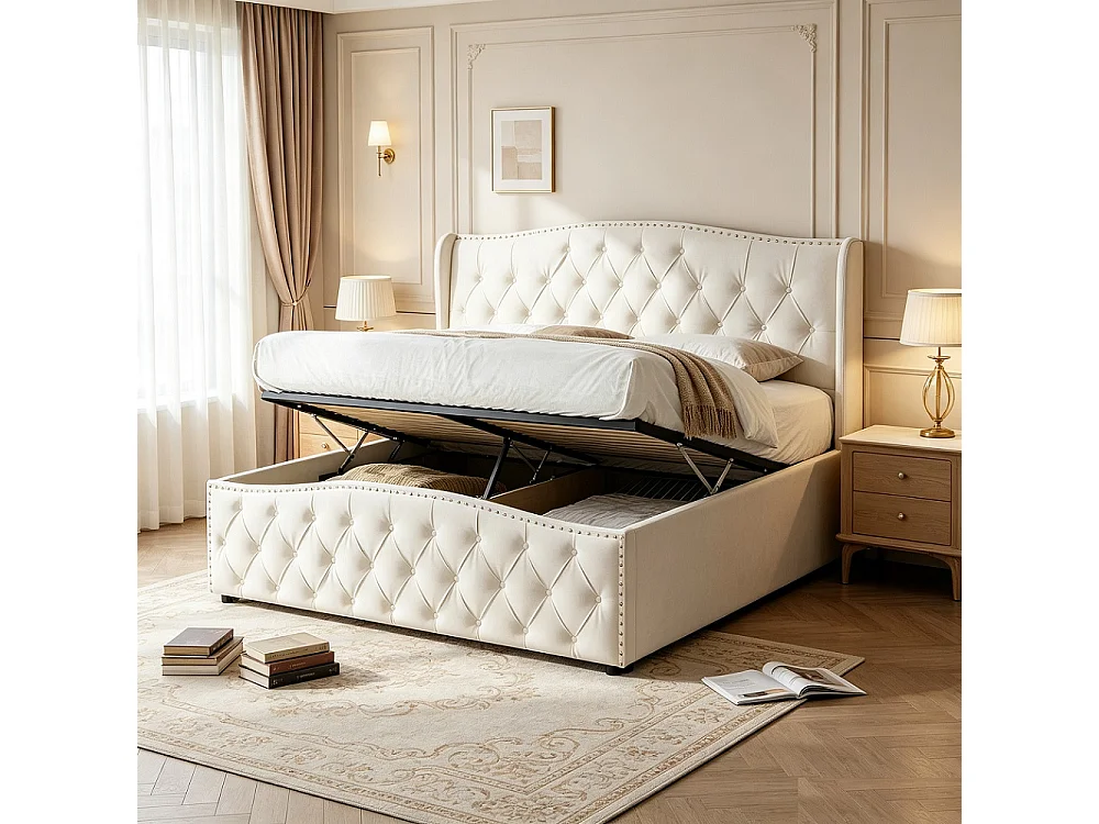 Lit rembourré 140 x 190 cm - Lit de rangement hydraulique avec cadre à lames - Lit double avec tête - Velvet - Beige