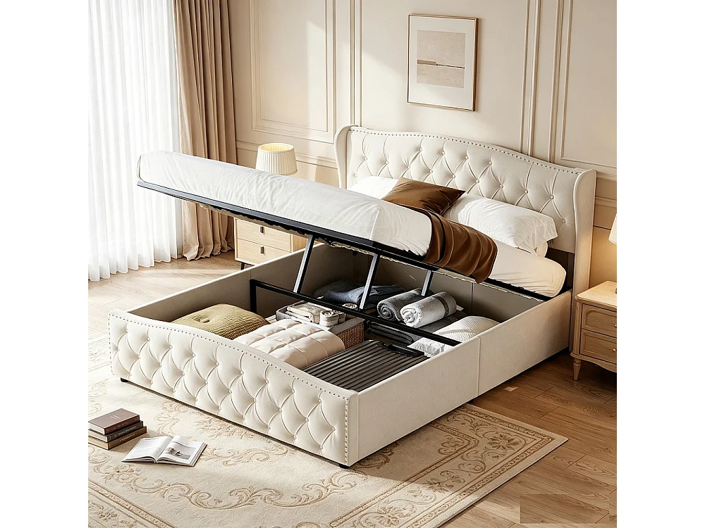 Lit rembourré 140 x 190 cm - Lit de rangement hydraulique avec cadre à lames - Lit double avec tête - Velvet - Beige