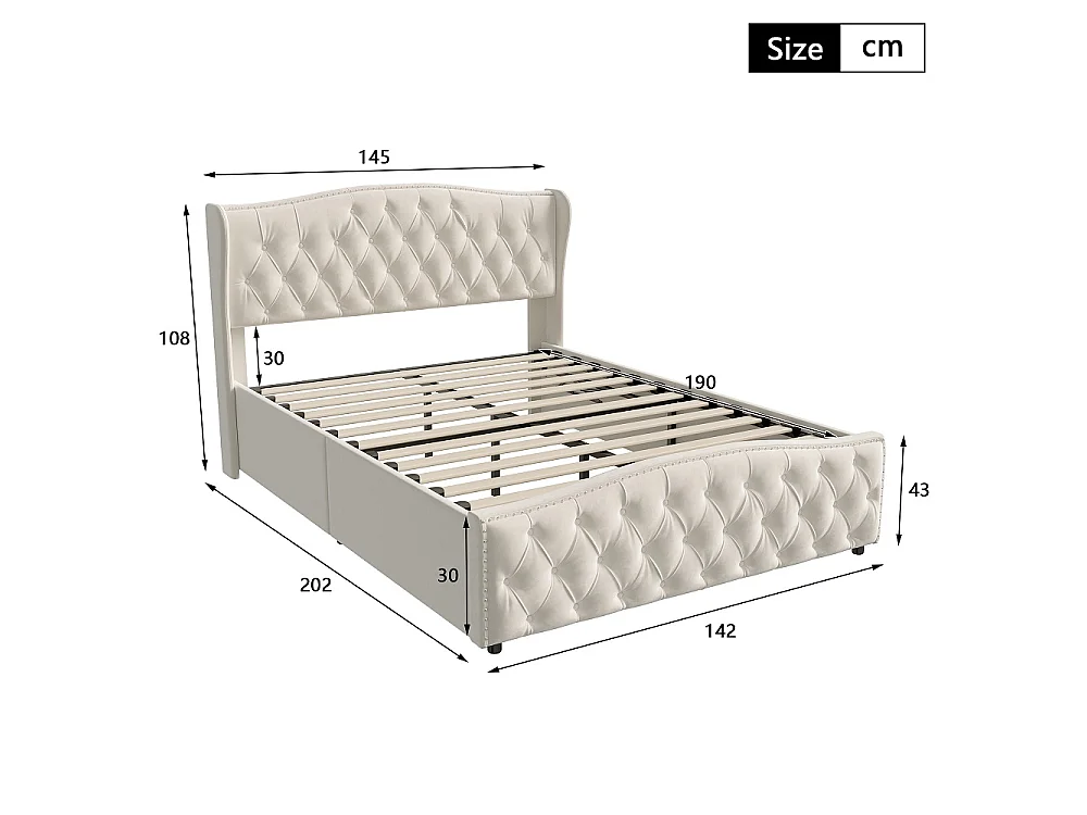 Lit rembourré 140 x 190 cm - Lit de rangement hydraulique avec cadre à lames - Lit double avec tête - Velvet - Beige
