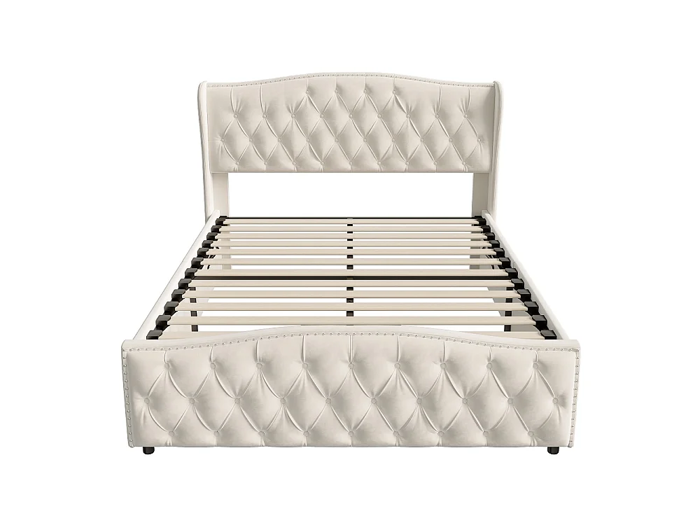 Lit rembourré 140 x 190 cm - Lit de rangement hydraulique avec cadre à lames - Lit double avec tête - Velvet - Beige