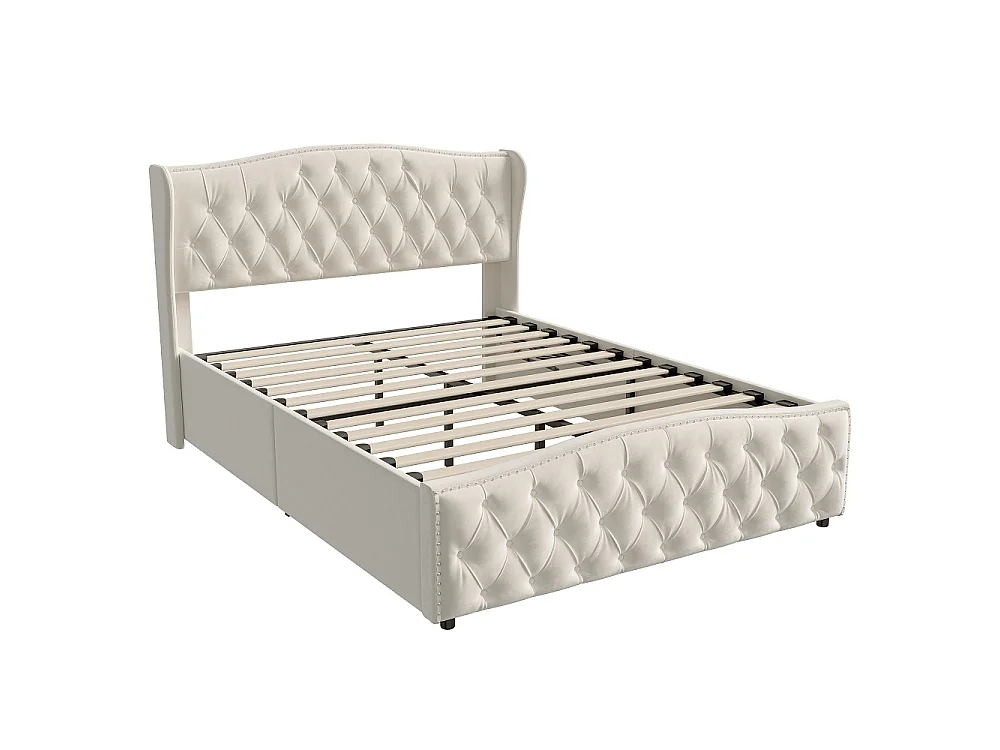 Lit rembourré 140 x 190 cm - Lit de rangement hydraulique avec cadre à lames - Lit double avec tête - Velvet - Beige
