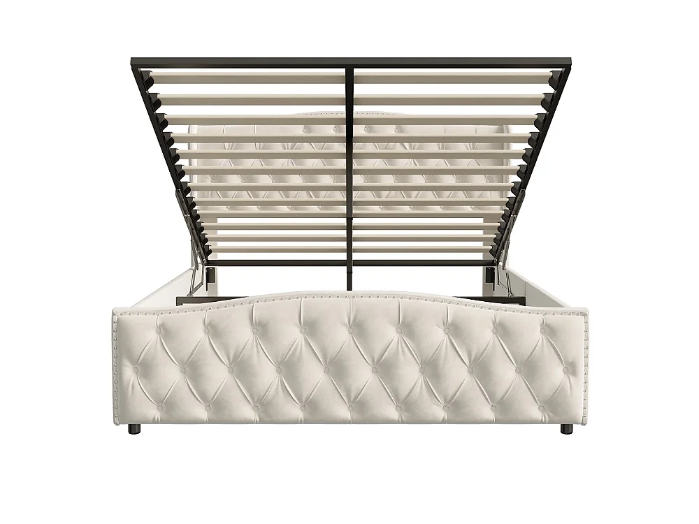 Lit rembourré 140 x 190 cm - Lit de rangement hydraulique avec cadre à lames - Lit double avec tête - Velvet - Beige