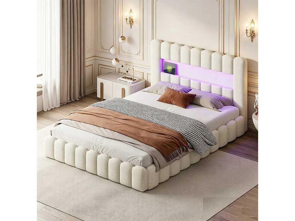Lit de rangement 180 x 200 cm - Lit rembourré avec USB et LED - Lit à bulle avec cadre hydraulique et à lames - Linge de maison - Beige