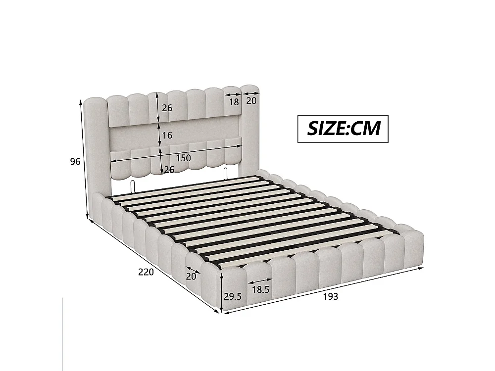 Lit de rangement 180 x 200 cm - Lit rembourré avec USB et LED - Lit à bulle avec cadre hydraulique et à lames - Linge de maison - Beige