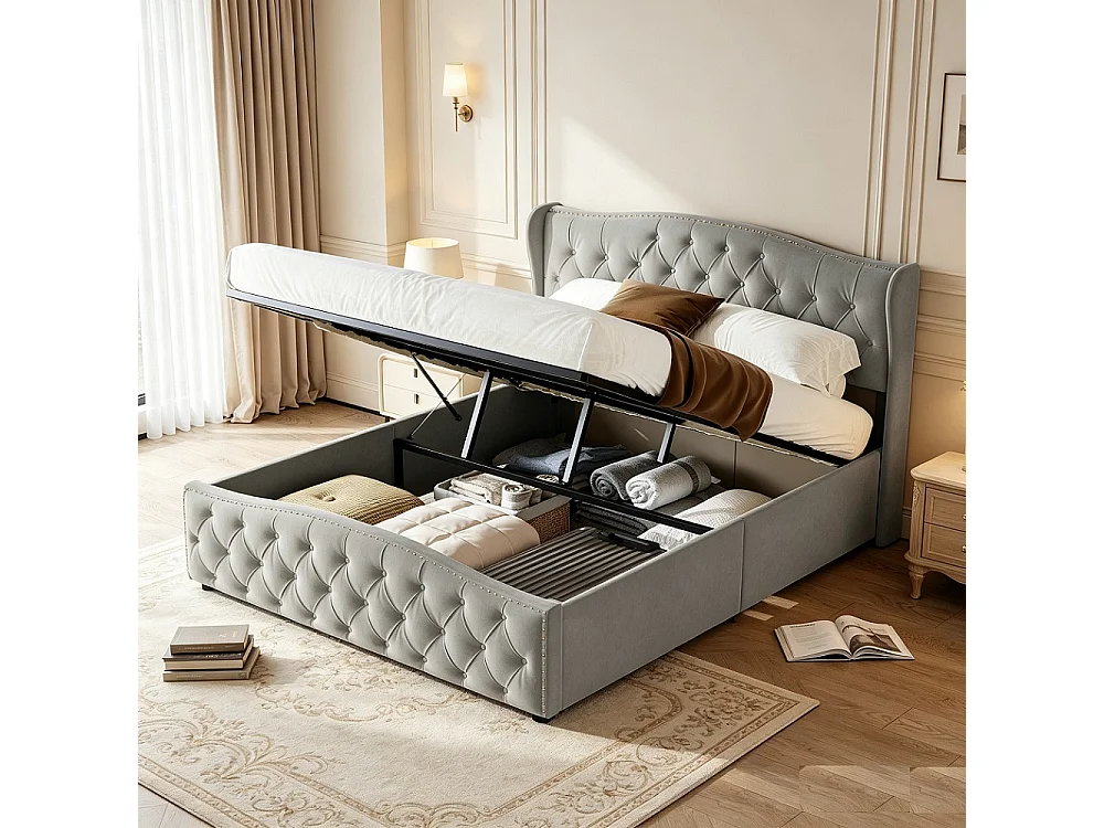 Lit rembourré 140 x 190 cm - Lit de rangement hydraulique avec cadre à lames - Lit double avec tête - Velvet - gris