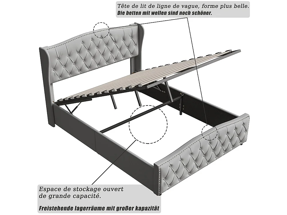 Lit rembourré 140 x 190 cm - Lit de rangement hydraulique avec cadre à lames - Lit double avec tête - Velvet - gris