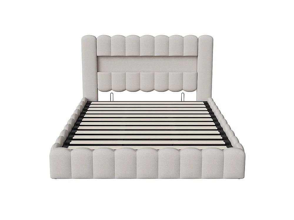 Lit de rangement 160 x 200 cm - Lit rembourré avec USB et LED - Lit à bulle avec cadre hydraulique et à lames - Linge de maison - Beige