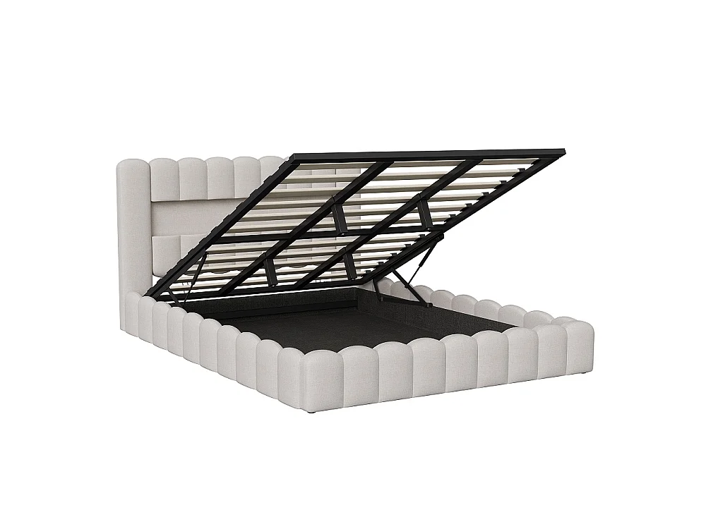 Lit de rangement 160 x 200 cm - Lit rembourré avec USB et LED - Lit à bulle avec cadre hydraulique et à lames - Linge de maison - Beige