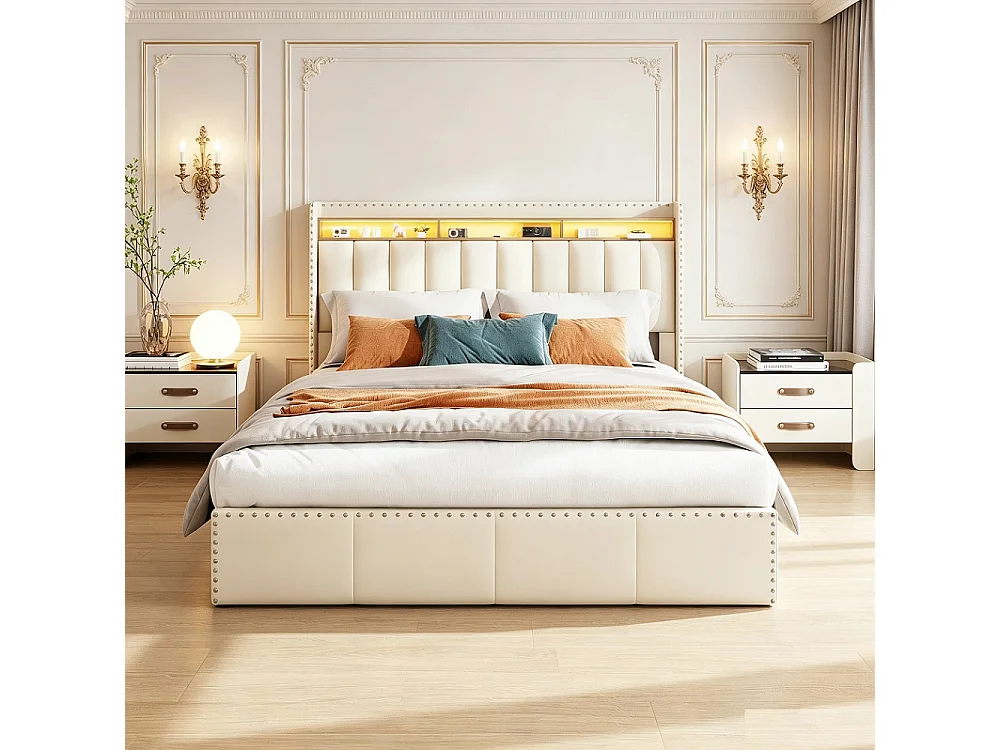 Lit rembourré 140 × 200 cm - Lit de stockage avec LED et prise USB - Lit hydraulique avec cadre à lames et décoration à rivets - Velvet - Beige