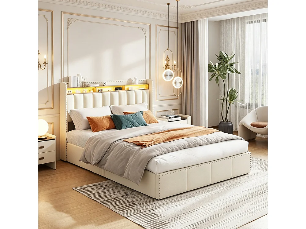 Lit rembourré 140 × 200 cm - Lit de stockage avec LED et prise USB - Lit hydraulique avec cadre à lames et décoration à rivets - Velvet - Beige