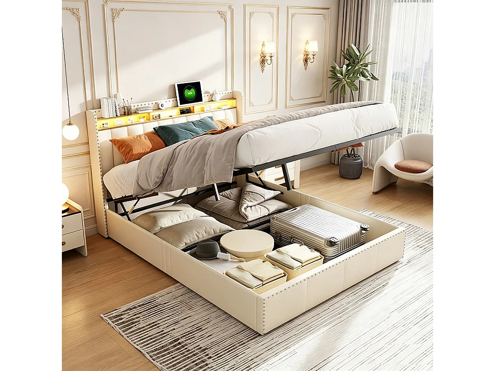 Lit rembourré 140 × 200 cm - Lit de stockage avec LED et prise USB - Lit hydraulique avec cadre à lames et décoration à rivets - Velvet - Beige
