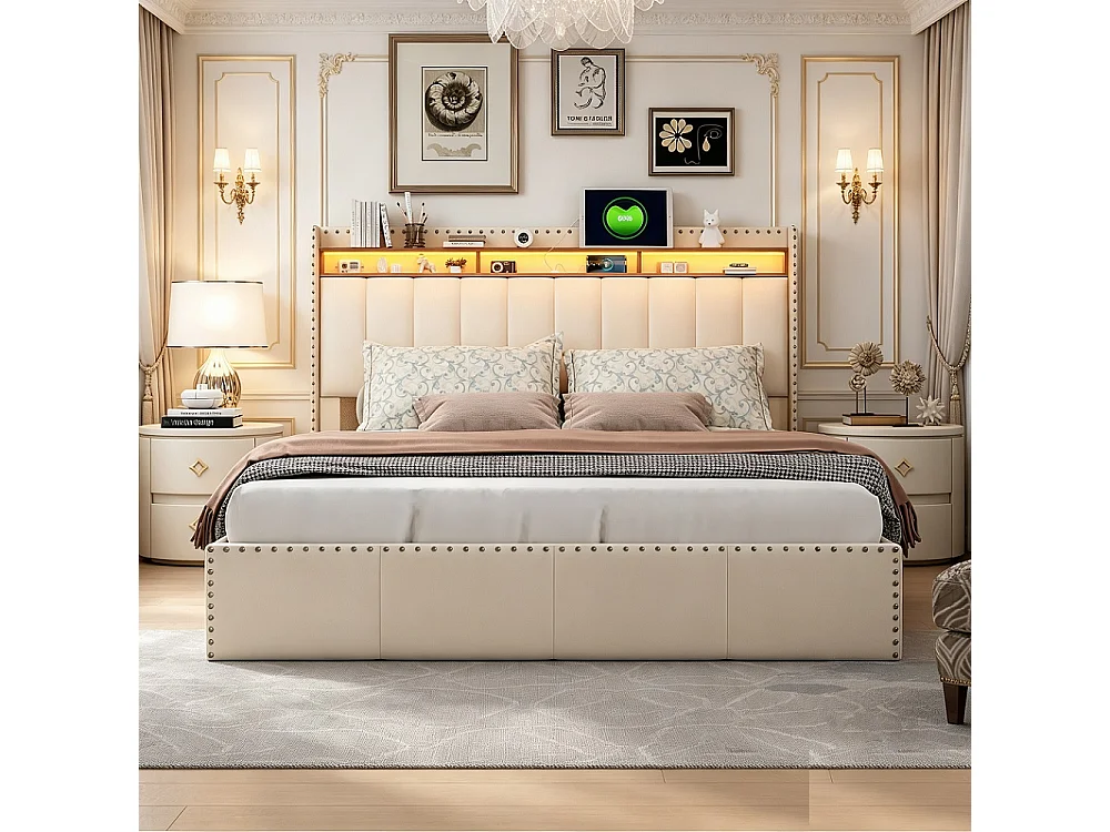 Lit rembourré 140 × 200 cm - Lit de stockage avec LED et prise USB - Lit hydraulique avec cadre à lames et décoration à rivets - Velvet - Beige