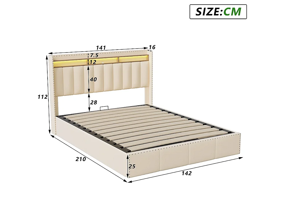 Lit rembourré 140 × 200 cm - Lit de stockage avec LED et prise USB - Lit hydraulique avec cadre à lames et décoration à rivets - Velvet - Beige