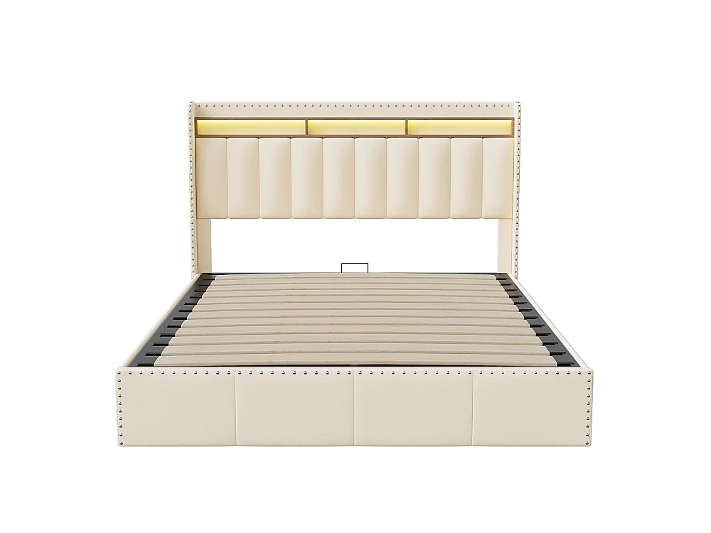 Lit rembourré 140 × 200 cm - Lit de stockage avec LED et prise USB - Lit hydraulique avec cadre à lames et décoration à rivets - Velvet - Beige