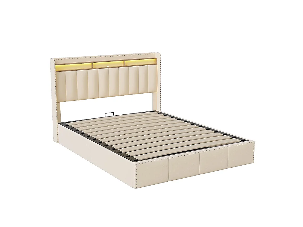 Lit rembourré 140 × 200 cm - Lit de stockage avec LED et prise USB - Lit hydraulique avec cadre à lames et décoration à rivets - Velvet - Beige