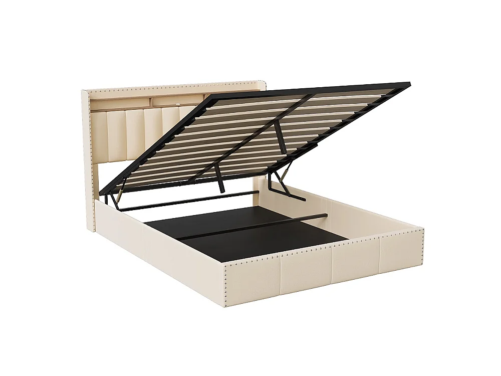 Lit rembourré 140 × 200 cm - Lit de stockage avec LED et prise USB - Lit hydraulique avec cadre à lames et décoration à rivets - Velvet - Beige
