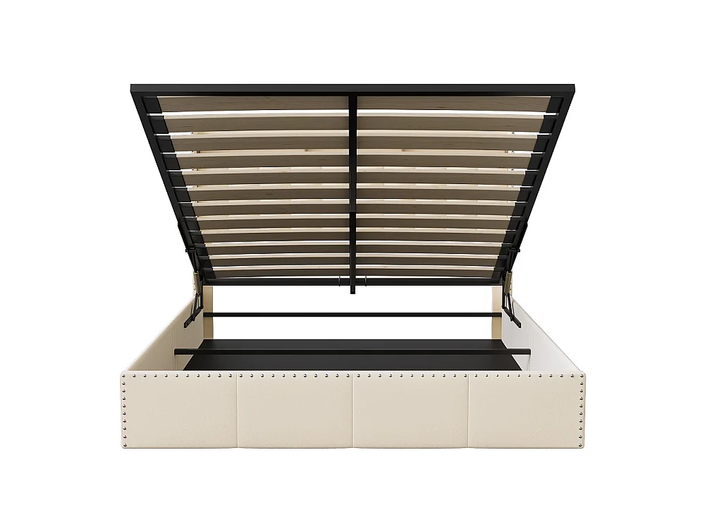 Lit rembourré 140 × 200 cm - Lit de stockage avec LED et prise USB - Lit hydraulique avec cadre à lames et décoration à rivets - Velvet - Beige