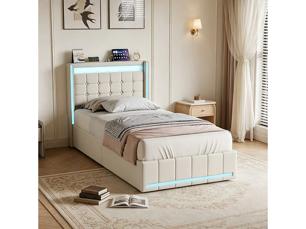 Lit hydraulique - 90 x 200 cm - Lit rembourré avec espace de rangement et boîte à lit - Lit simple avec LED et USB-C - Inclut cadre à lames et cadre de tête de lit