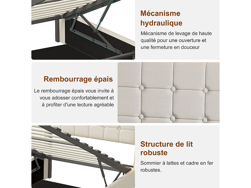 Lit hydraulique - 90 x 200 cm - Lit rembourré avec espace de rangement et boîte à lit - Lit simple avec LED et USB-C - Inclut cadre à lames et cadre de tête de lit