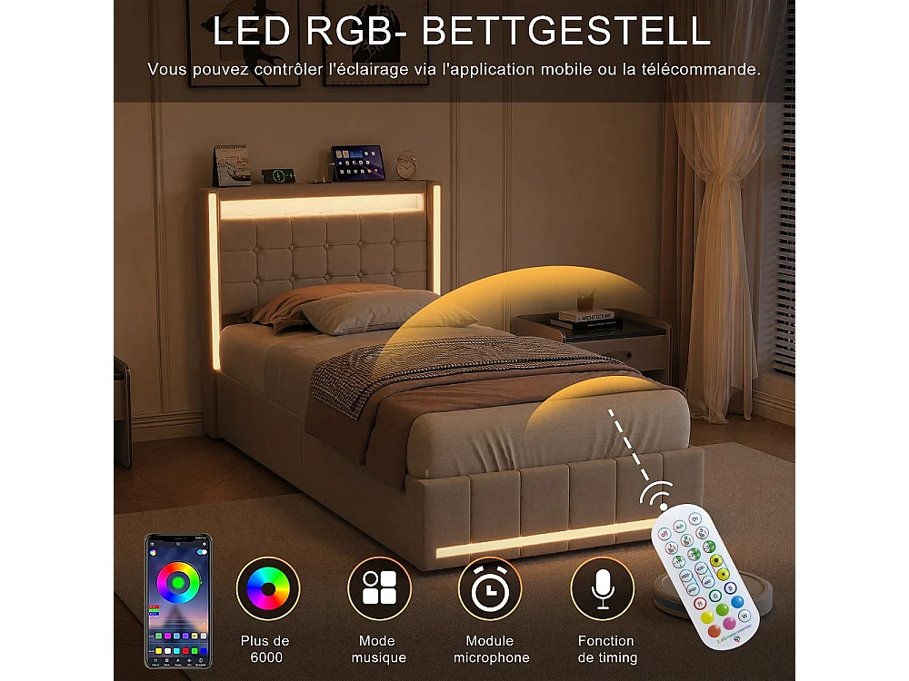 Lit hydraulique - 90 x 200 cm - Lit rembourré avec espace de rangement et boîte à lit - Lit simple avec LED et USB-C - Inclut cadre à lames et cadre de tête de lit