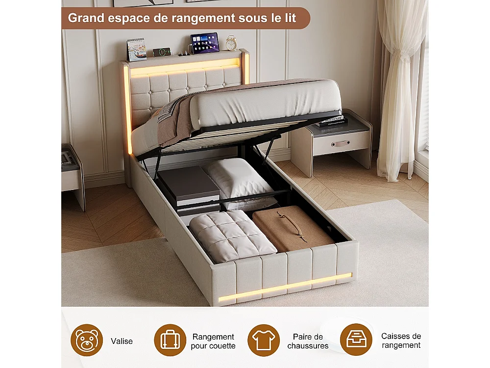 Lit hydraulique - 90 x 200 cm - Lit rembourré avec espace de rangement et boîte à lit - Lit simple avec LED et USB-C - Inclut cadre à lames et cadre de tête de lit