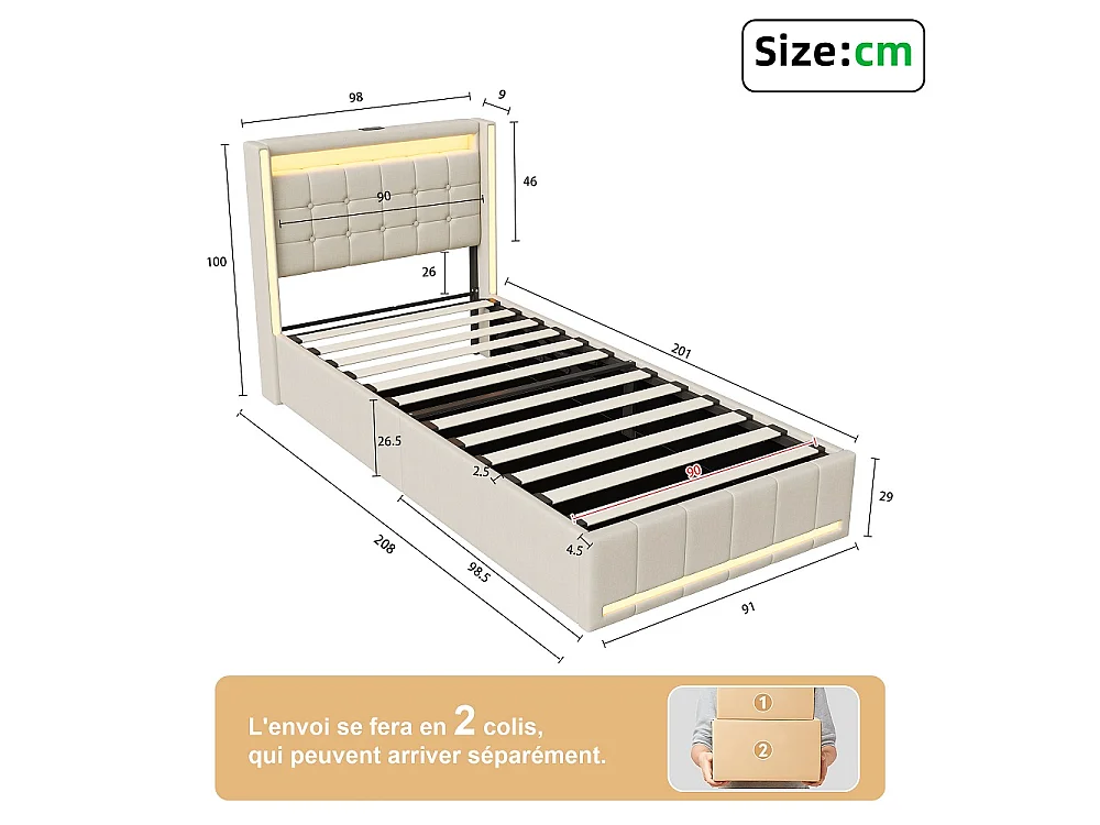 Lit hydraulique - 90 x 200 cm - Lit rembourré avec espace de rangement et boîte à lit - Lit simple avec LED et USB-C - Inclut cadre à lames et cadre de tête de lit