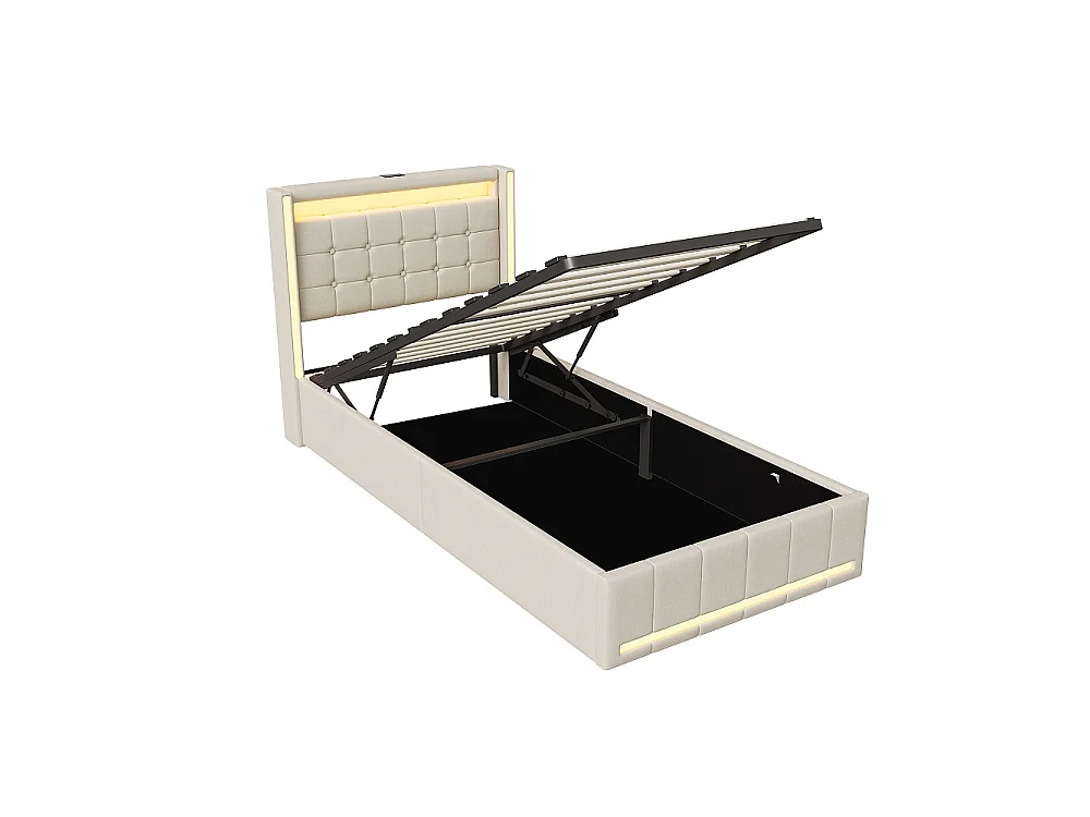 Lit hydraulique - 90 x 200 cm - Lit rembourré avec espace de rangement et boîte à lit - Lit simple avec LED et USB-C - Inclut cadre à lames et cadre de tête de lit