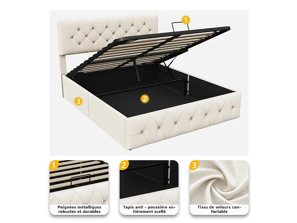 Lit de rangement hydraulique 160 x 200 cm - Lit rembourré tufted avec tête réglable - Lit double avec cadre à lames - Velvet - Beige