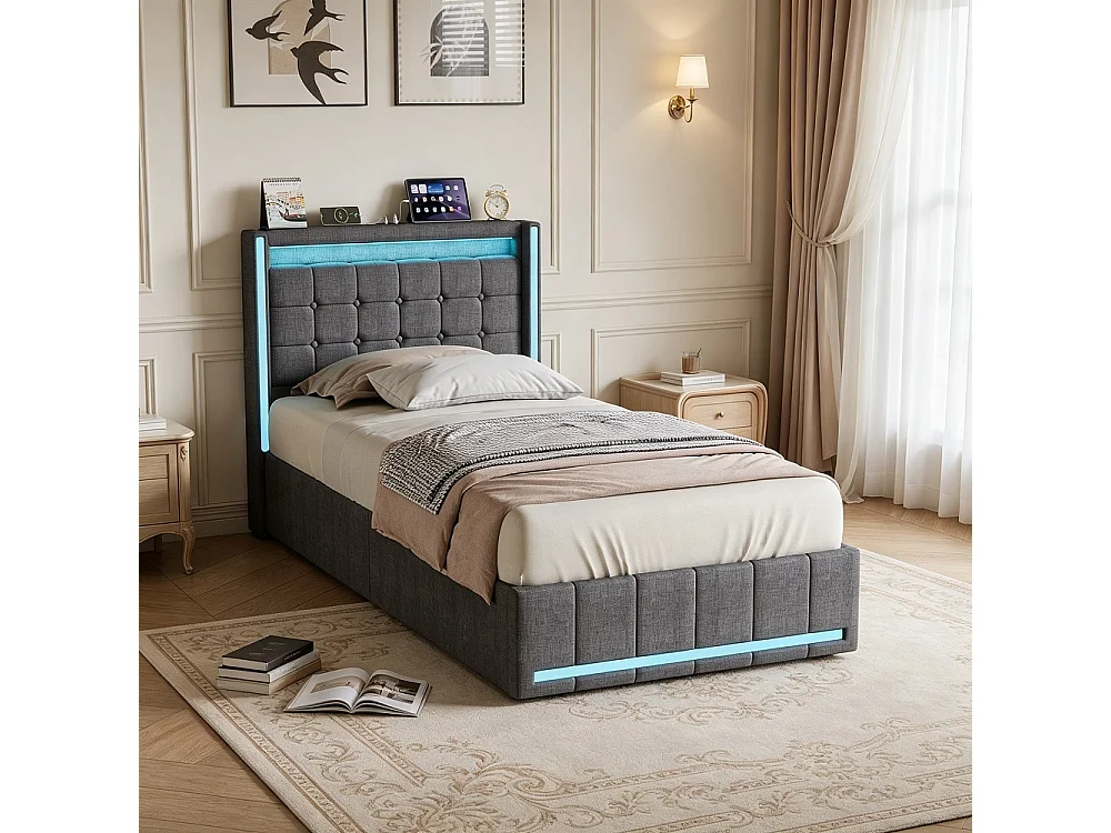 Lit hydraulique - 90 x 200 cm - Lit rembourré avec espace de rangement et boîte à lit - Lit simple avec LED et USB-C - Inclut cadre à lames et cadre de tête de lit