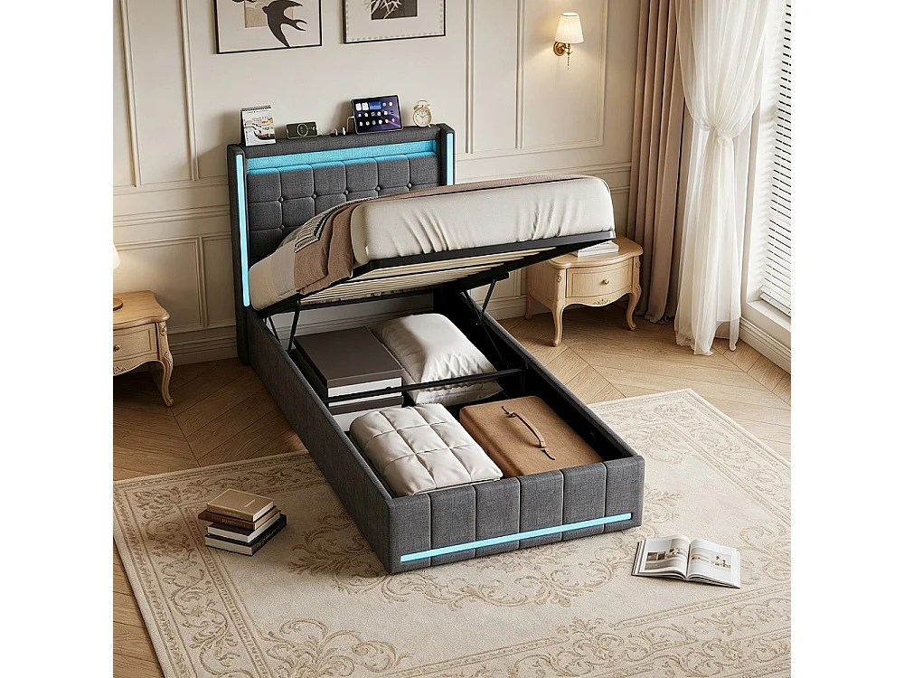 Lit hydraulique - 90 x 200 cm - Lit rembourré avec espace de rangement et boîte à lit - Lit simple avec LED et USB-C - Inclut cadre à lames et cadre de tête de lit