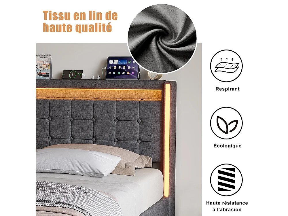 Lit hydraulique - 90 x 200 cm - Lit rembourré avec espace de rangement et boîte à lit - Lit simple avec LED et USB-C - Inclut cadre à lames et cadre de tête de lit
