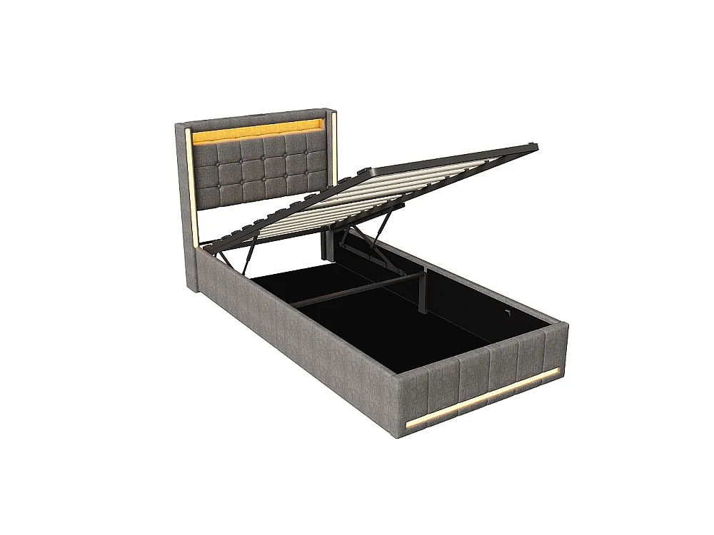 Lit hydraulique - 90 x 200 cm - Lit rembourré avec espace de rangement et boîte à lit - Lit simple avec LED et USB-C - Inclut cadre à lames et cadre de tête de lit