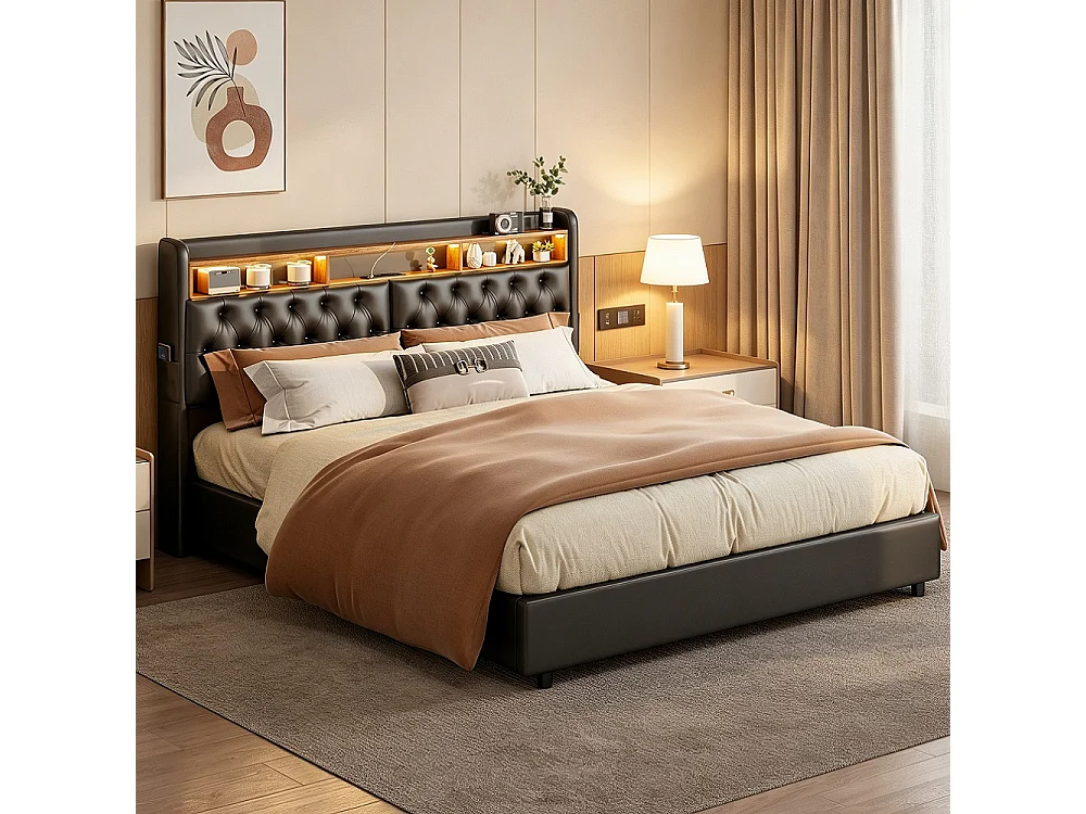 Lit hydraulique - 180 x 200 cm - Lit de stockage avec port LED et USB et compartiments ouverts - Lit double avec cadre à lames - PU - Noir