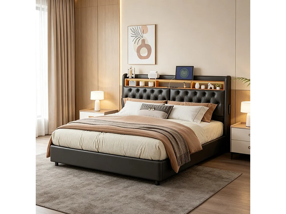 Lit hydraulique - 180 x 200 cm - Lit de stockage avec port LED et USB et compartiments ouverts - Lit double avec cadre à lames - PU - Noir
