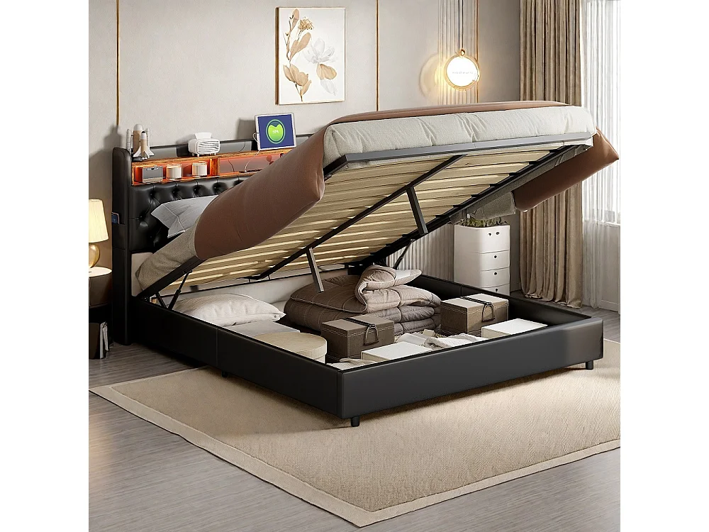 Lit hydraulique - 180 x 200 cm - Lit de stockage avec port LED et USB et compartiments ouverts - Lit double avec cadre à lames - PU - Noir