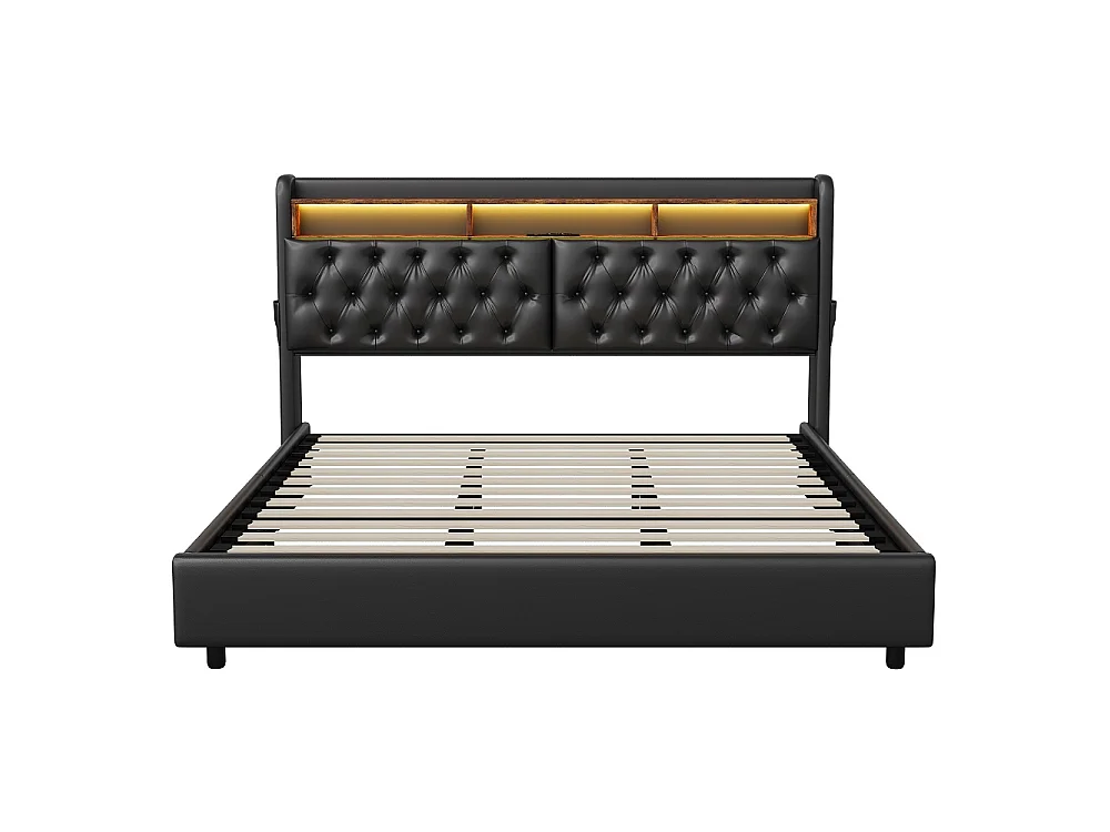 Lit hydraulique - 180 x 200 cm - Lit de stockage avec port LED et USB et compartiments ouverts - Lit double avec cadre à lames - PU - Noir
