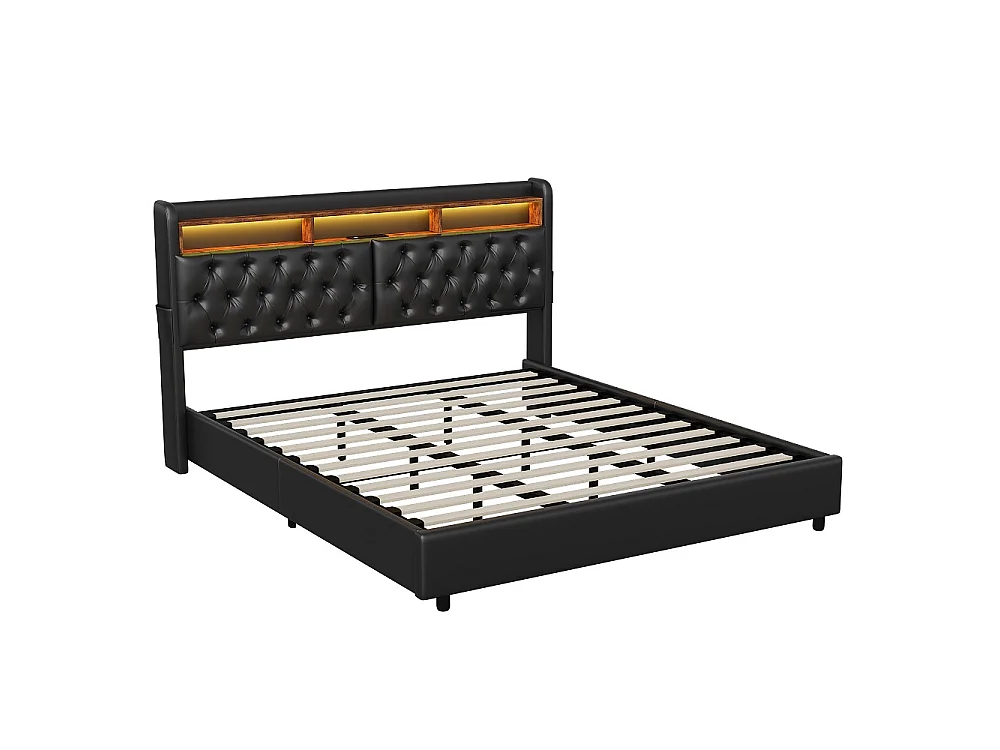 Lit hydraulique - 180 x 200 cm - Lit de stockage avec port LED et USB et compartiments ouverts - Lit double avec cadre à lames - PU - Noir