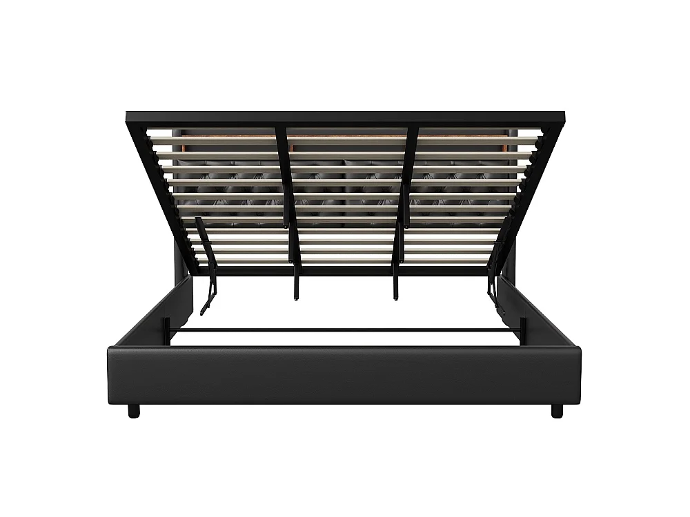 Lit hydraulique - 180 x 200 cm - Lit de stockage avec port LED et USB et compartiments ouverts - Lit double avec cadre à lames - PU - Noir