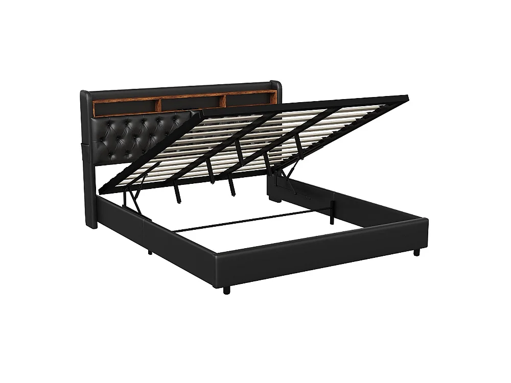 Lit hydraulique - 180 x 200 cm - Lit de stockage avec port LED et USB et compartiments ouverts - Lit double avec cadre à lames - PU - Noir