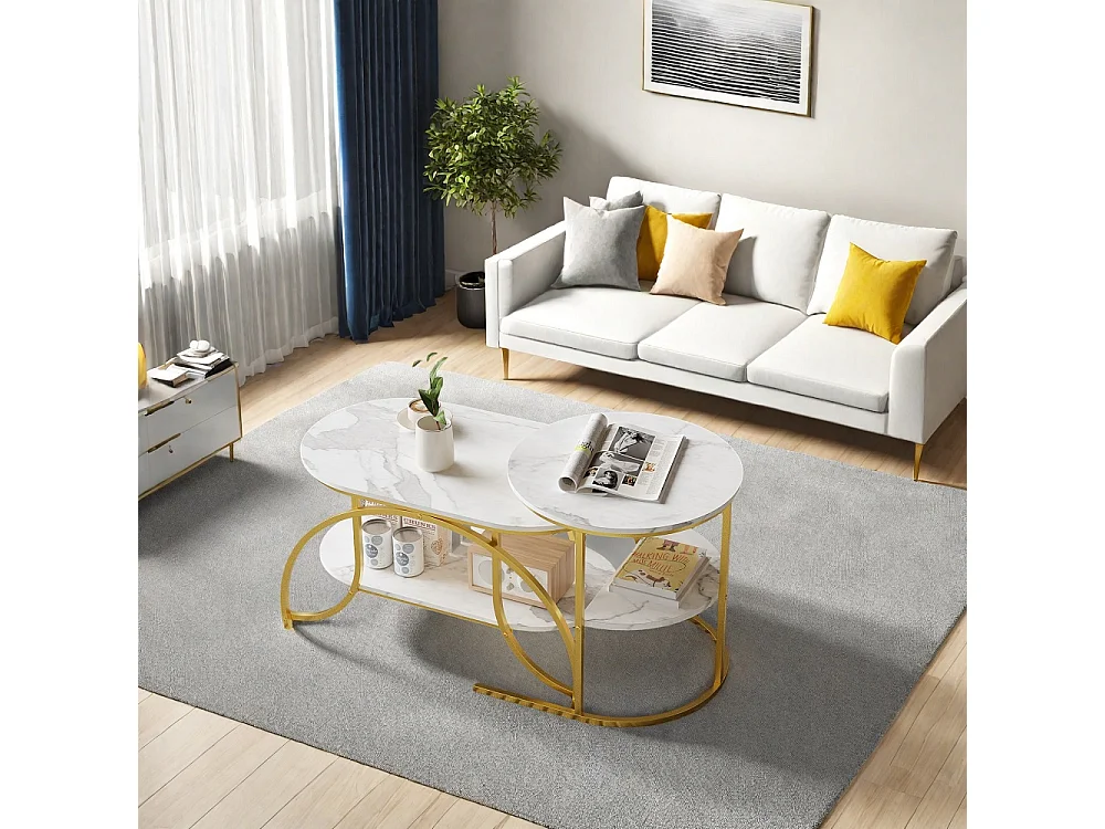 Table basse de 2 pièces - ronde + ovale table latérale avec espace de stockage - marbre-texturé haut métal jambes table d'extrémité - or