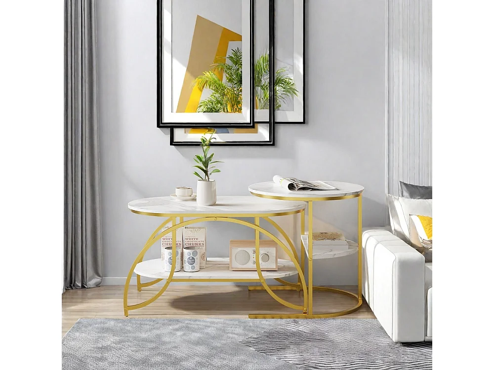 Table basse de 2 pièces - ronde + ovale table latérale avec espace de stockage - marbre-texturé haut métal jambes table d'extrémité - or