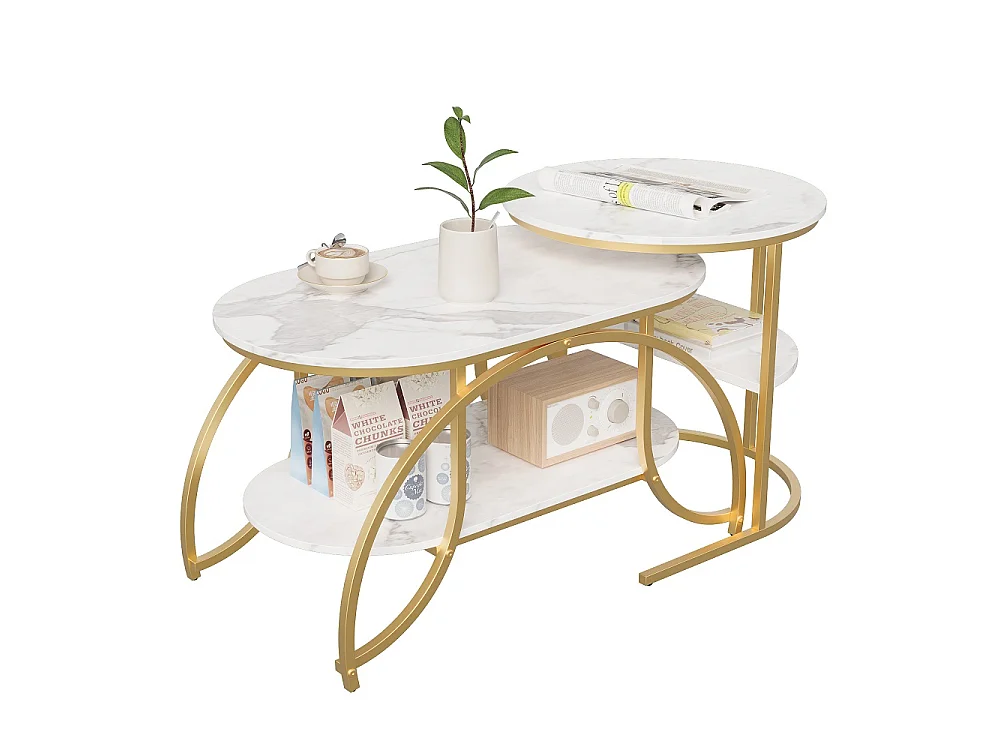 Table basse de 2 pièces - ronde + ovale table latérale avec espace de stockage - marbre-texturé haut métal jambes table d'extrémité - or